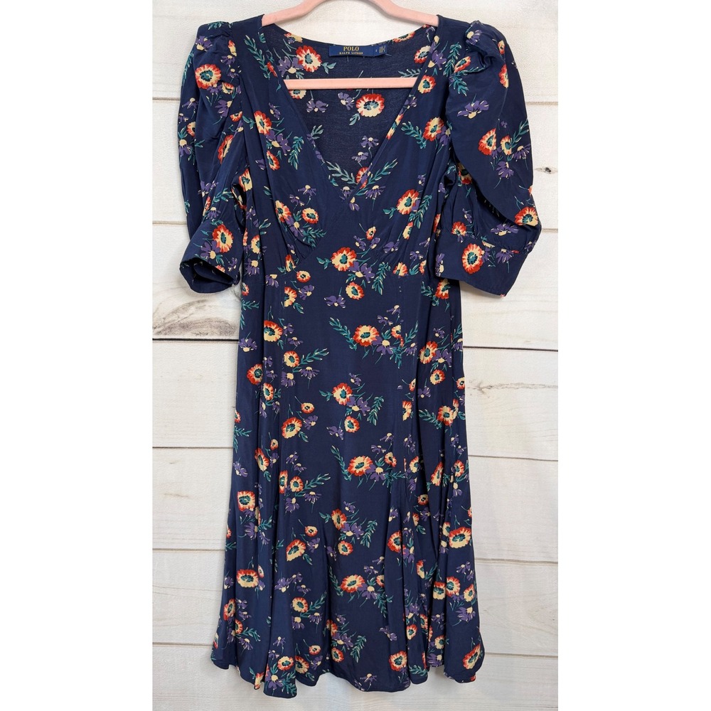 Polo Ralph Lauren Navy Blue Floral‎ V-Neck Puff Sleeve Viscose Tea Dress Size 2